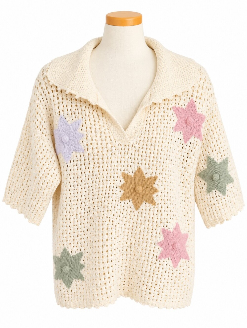 So Me Cream Crochet Knit Collared V-Neck Sweater Pastel Floral Star Medallion Sz